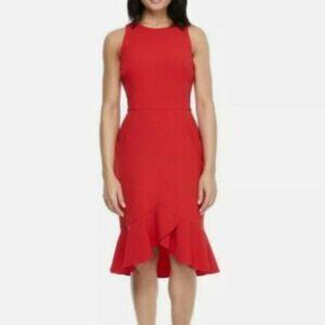 ❤️ Calvin Klein Red Flounce Sheath Dress | Size 8 | Ruffle Front Stretchy & Chic
